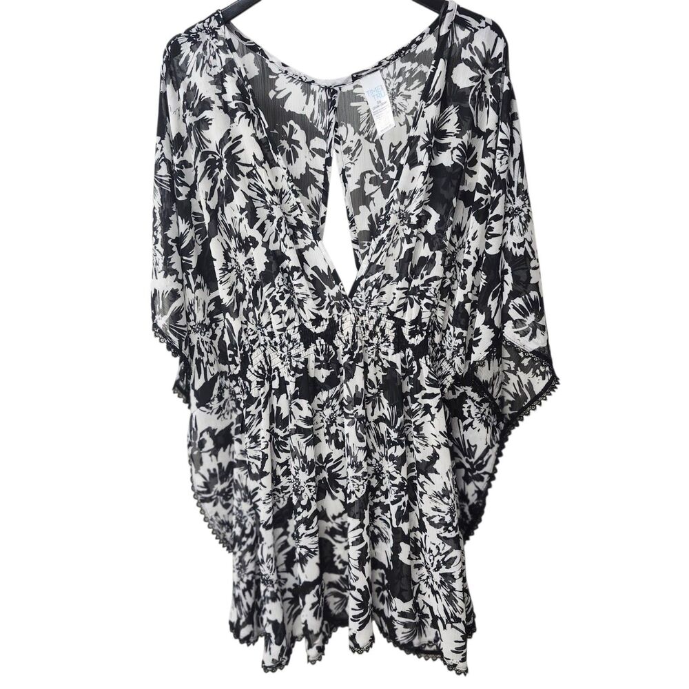 Time and True Swim Cover-up Womens 3XL Black White Floral Sheer Dolman Sleeves - Picture 2 of 10